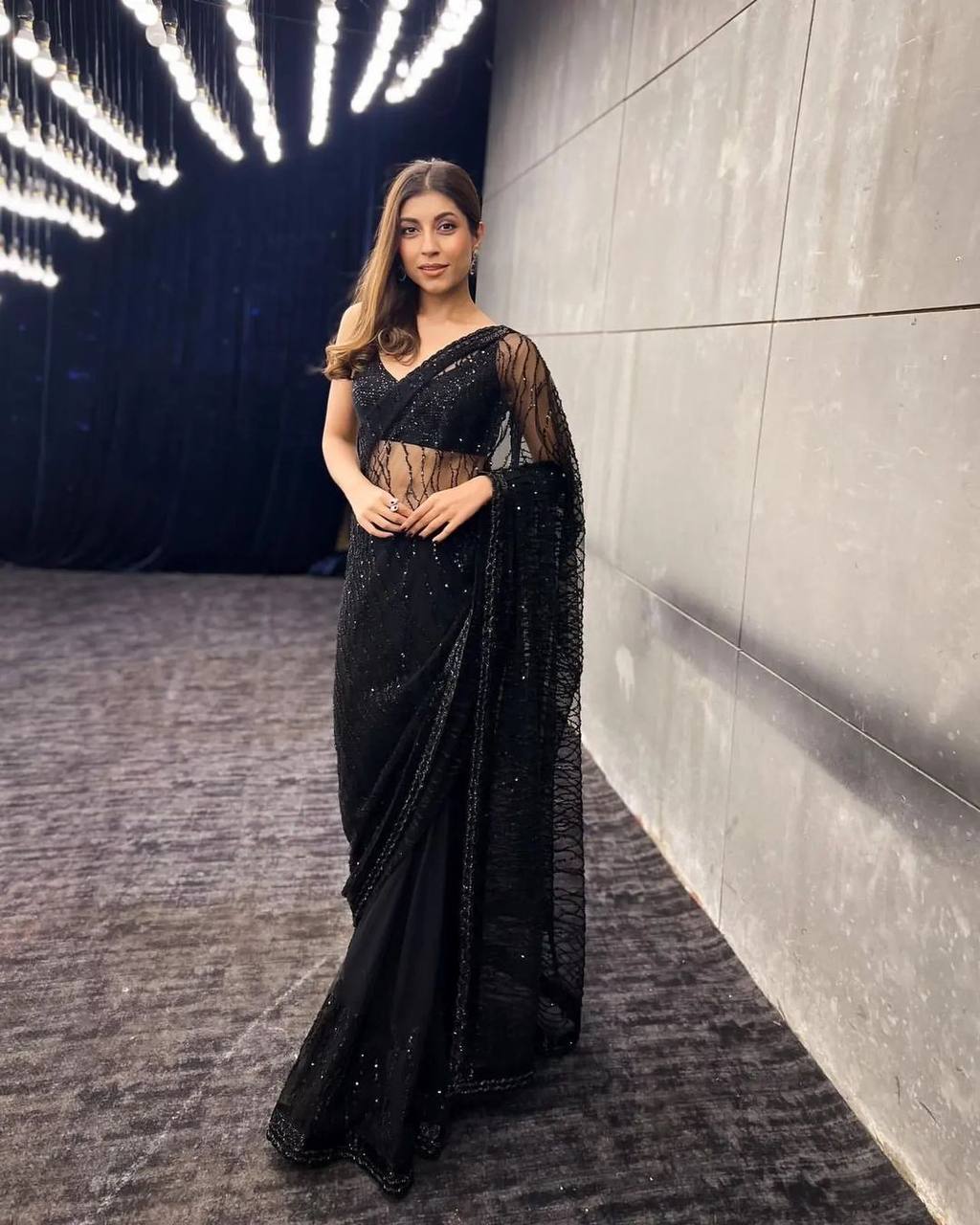 Anamika - Jett black saree with sequence and stitched blouse