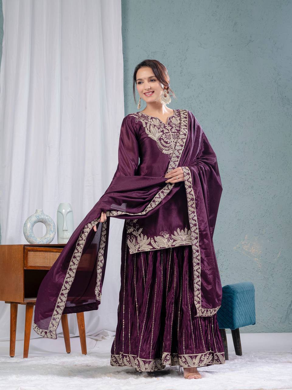 Pure Chinon Silk Embroidered Sharara Set in 4 beautiful Colours Fully Stitched