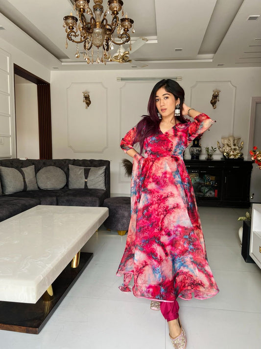 Multicoloured Printed Floral Organza Anarkali Suit