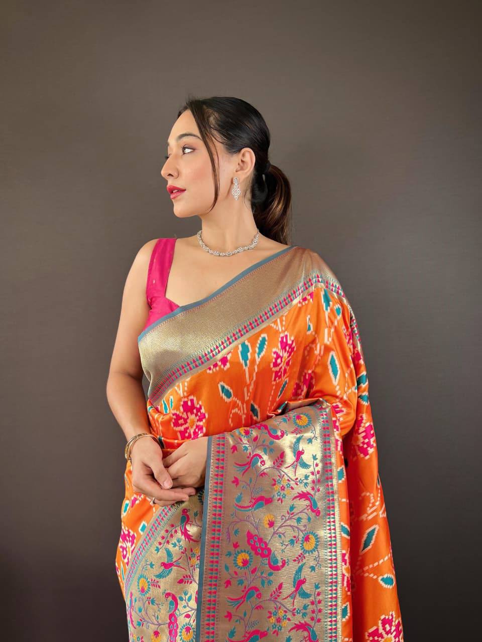Premium Soft Silk With Rich Patola Weaving and Contast Pallu with Stitched Blouse