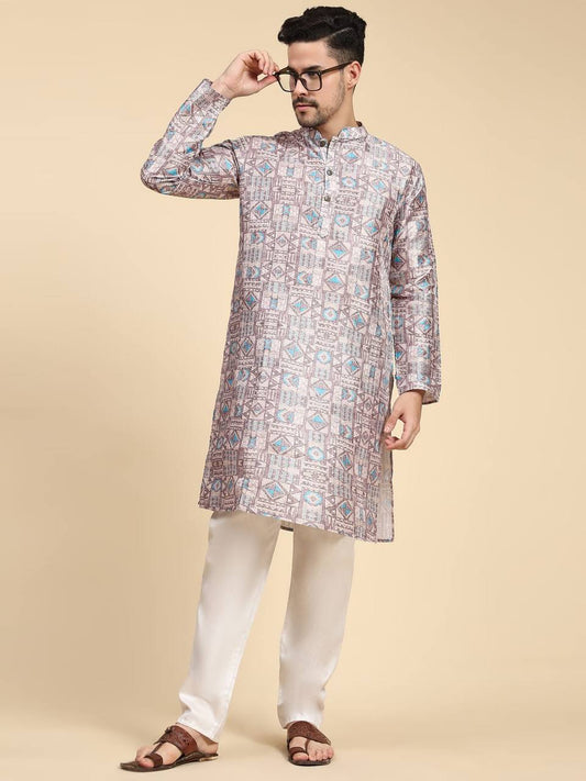 Royal Men's traditional sequins work & print cotton kurta with pajama