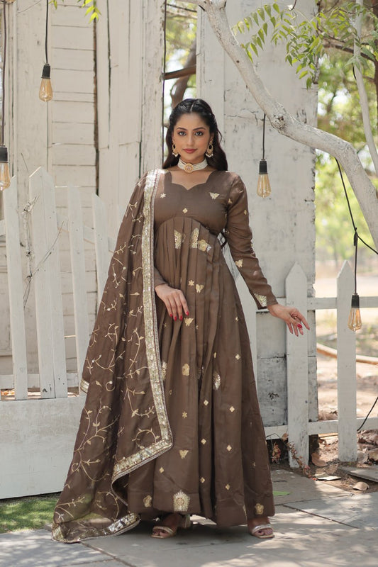 Premium Vichitra Silk Brown Fully Stitched Gown