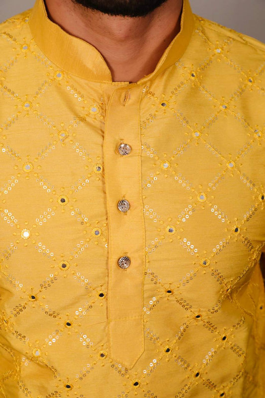 Yellow Premium soft silk kurta with sequins work and with white cotton pajama