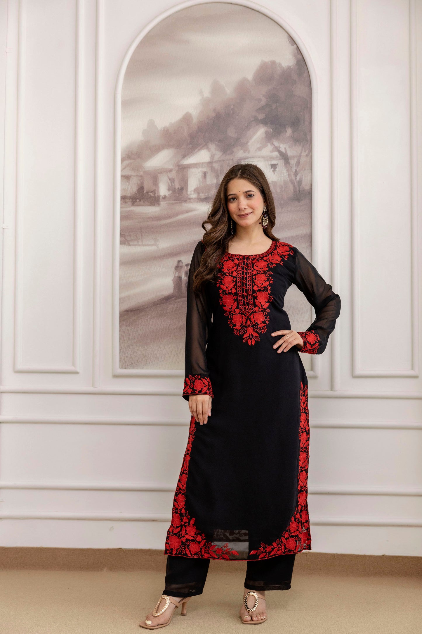 Black and Red Georgette Kurti Set with Embroidery Work