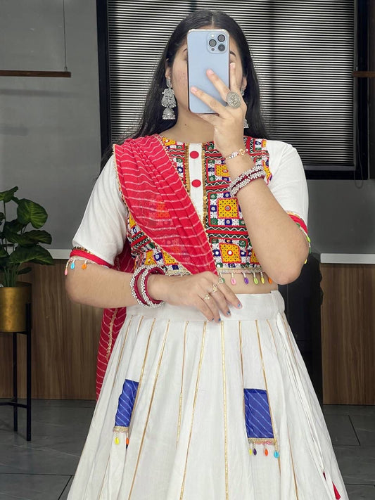 Pure Cotton Navratri Special Off White Vibrant Chaniya Choli Fully Stitched