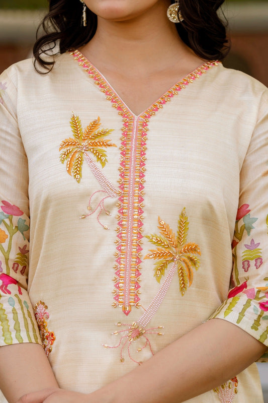 Vyoma - Beautiful Cream Handwork Kurti, Pant and Dupatta Set in 3 Designs Fully Stitched