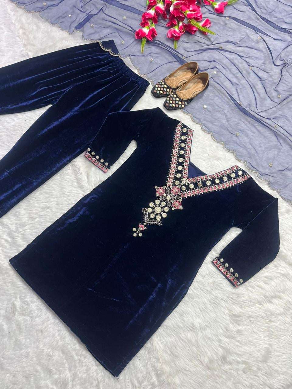 Navy blue Velvet Top with pants