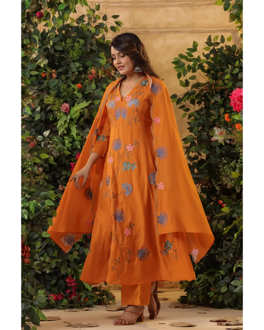 Nikita - Premium Orange Chanderi Silk Anarkali Suit Fully Stitched