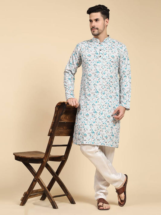 Zigzag Men's traditional sequins work & print cotton kurta with pajama