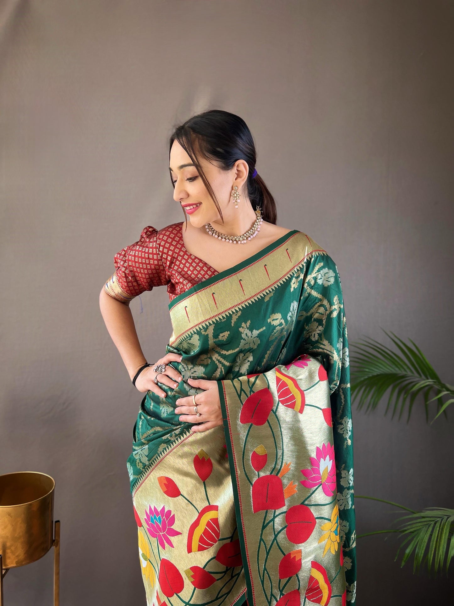 Suhani - Pure Paithai Silk Floral Weaved Saree with Stitched Blouse Options