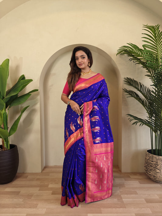 Royal Blue Pure Paithani Silk Saree with rich weaving with Stitched Blouse