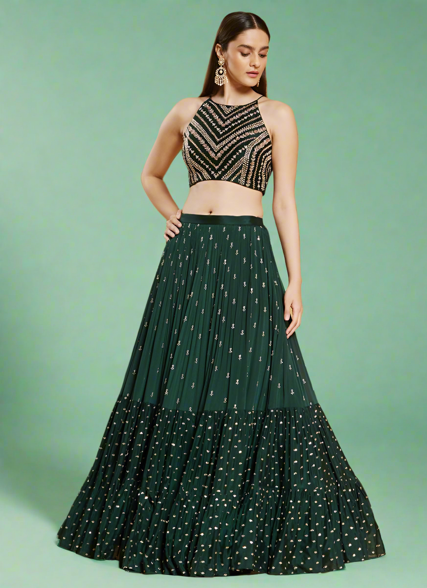 Dark Green Soft Georgette Fully Stitched Lehenga