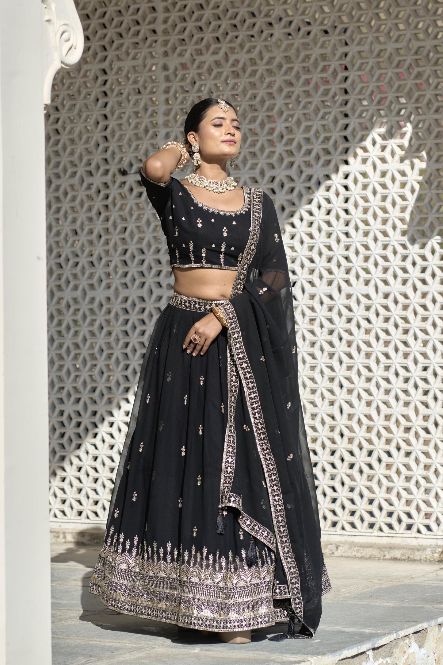 Avantika - Black Pure Georgette Lehenga with Sequins & Embroidery Work