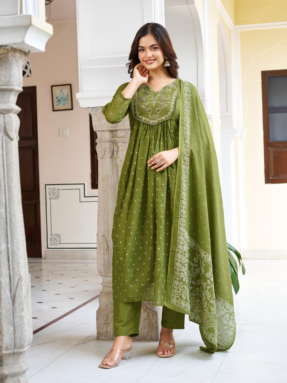 Vasant Vibe by Kiara - Beautiful Mehendi Cotton Anarkali Readymade Suit