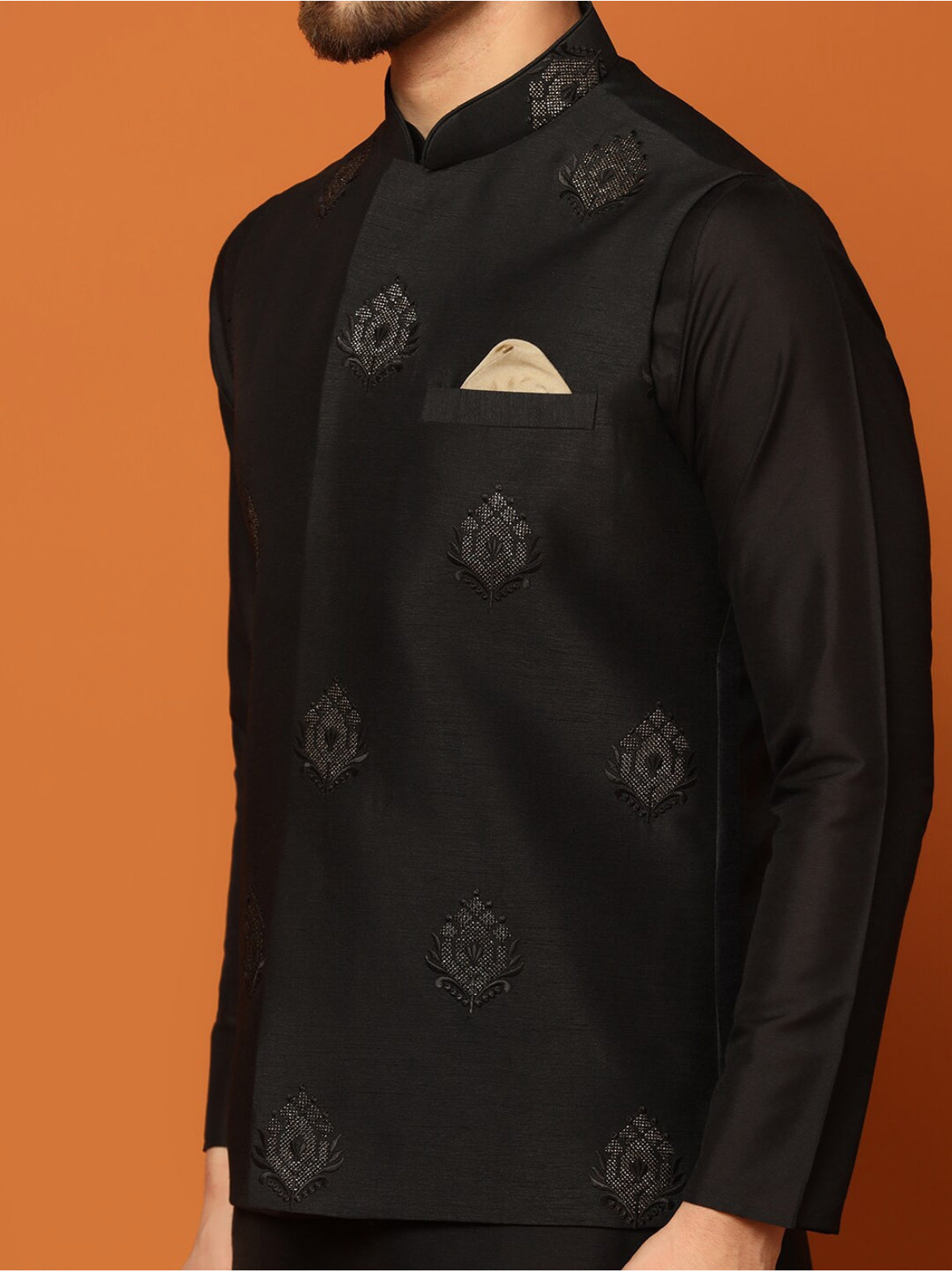 Rutrang - Full Black Men's Koti kurta set