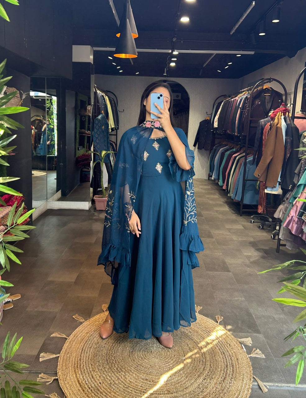 Rama blue gown with shrug fully stitched