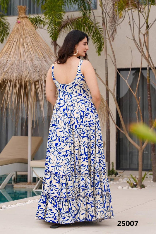 Blue Floral Soft Rayon Fabric Comfy Casual Gown Fully Stitched