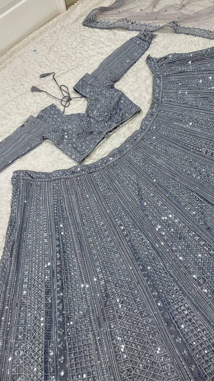 Premium Shimmer Silk Grey Lehenga Fully Stitched