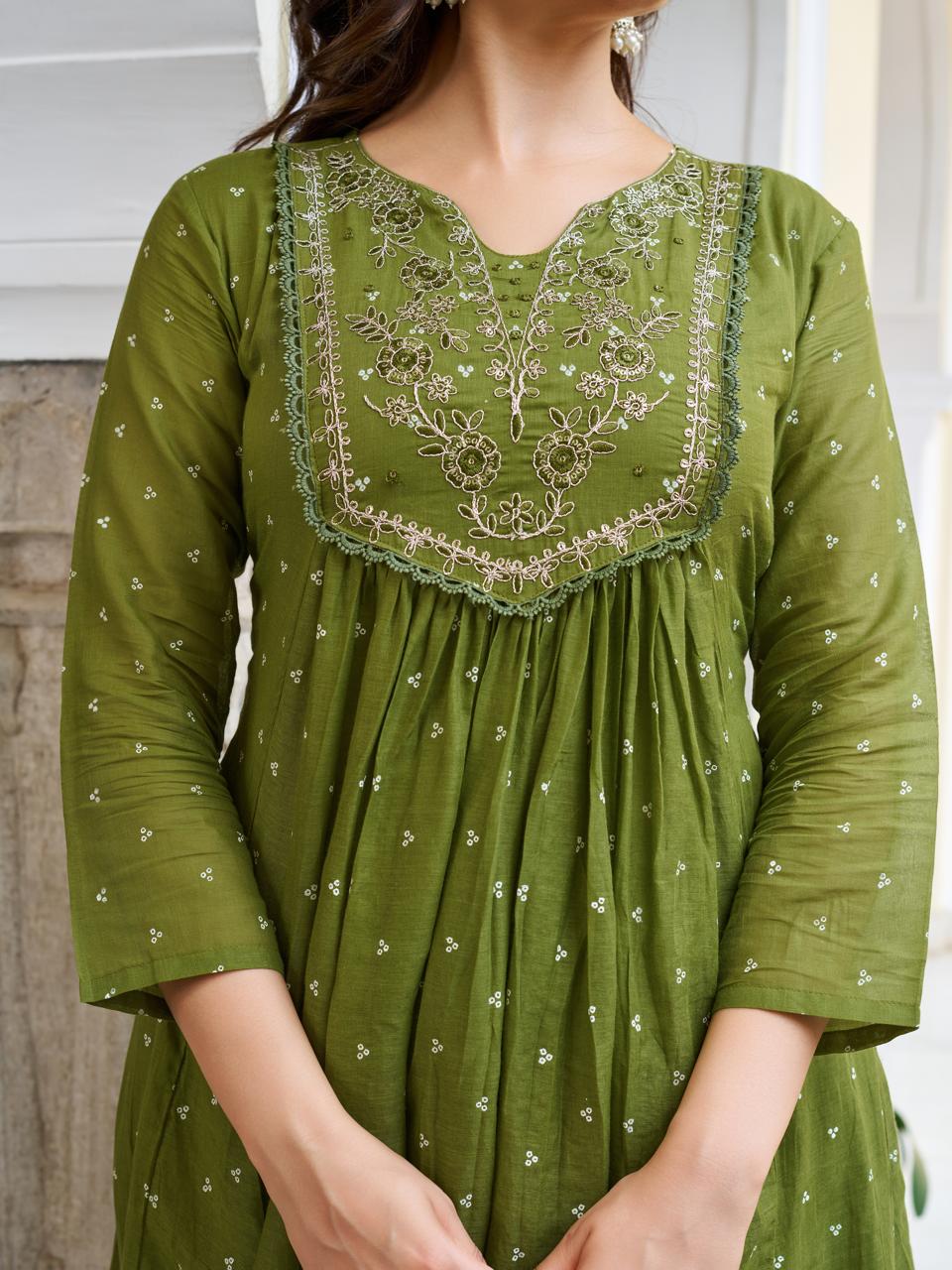 Vasant Vibe by Kiara - Beautiful Mehendi Cotton Anarkali Readymade Suit