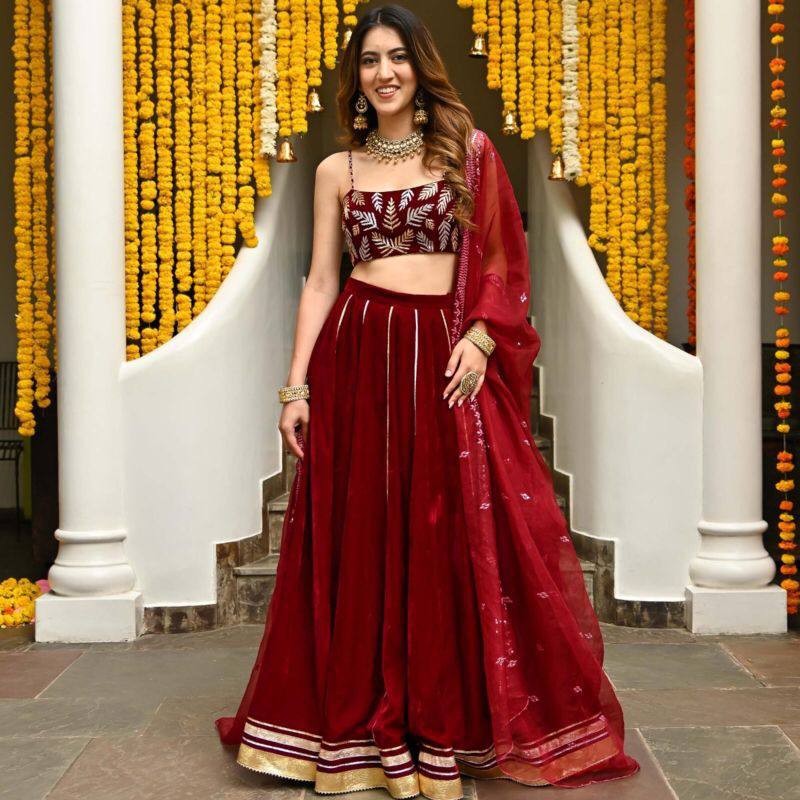 Maroon velvet fully stitched lehenga