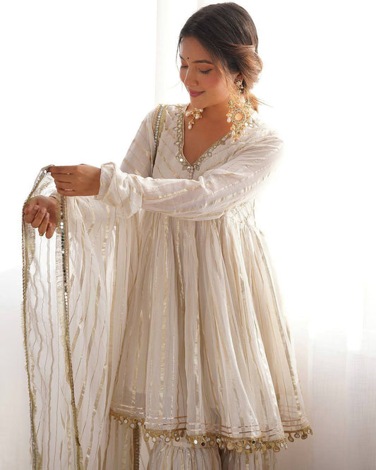 Erika - Premium Soft Mal Fabric White Elegant Sharara Suit Fully Stitched