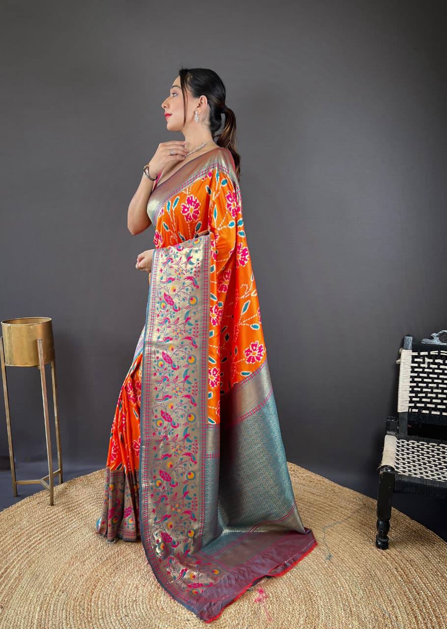 Premium Soft Silk With Rich Patola Weaving and Contast Pallu with Stitched Blouse