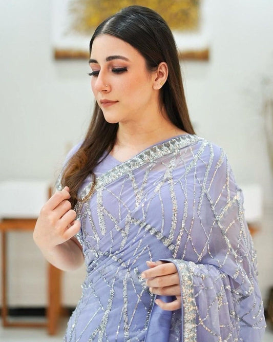 Partywear Lavender Soft Georgette Sequins Saree with Stitched Blouse
