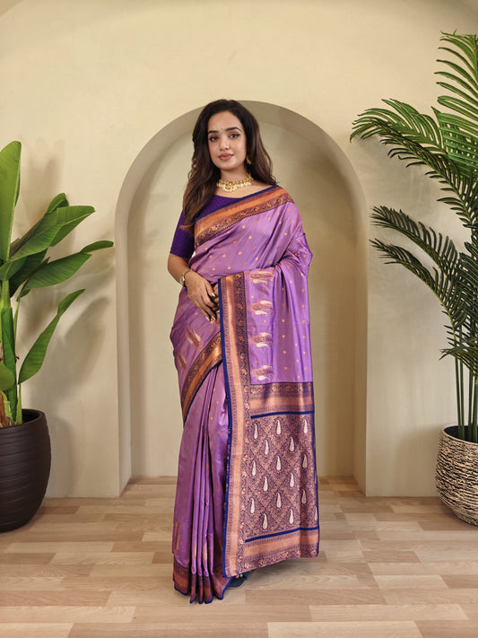 Lilac Pure Paithani Silk Saree with rich weaving with Stitched Blouse