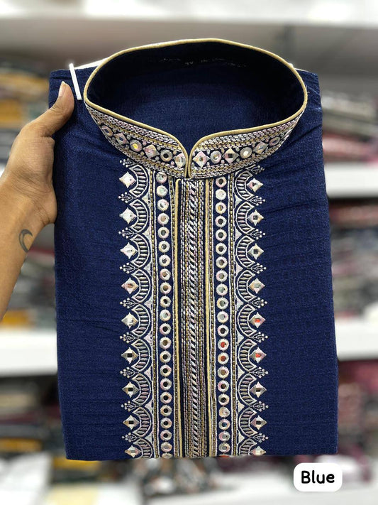 Navy blue Men's premium cotton jacquard kurta with embroidery at neck with pajama