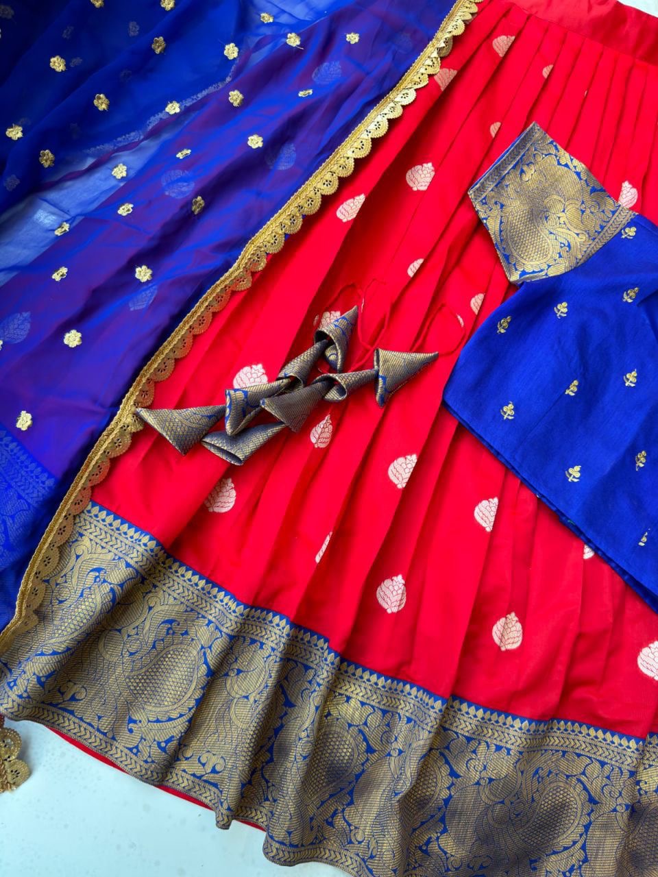 Red and Blue Kanjivaram style Silk lehenga fully stitched