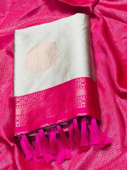 A Grey and Pink Kanjivaram style kubera pattu saree with blouse