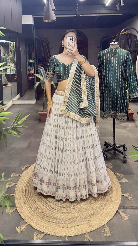 Margi - cream and green elegant fully stitched lehenga