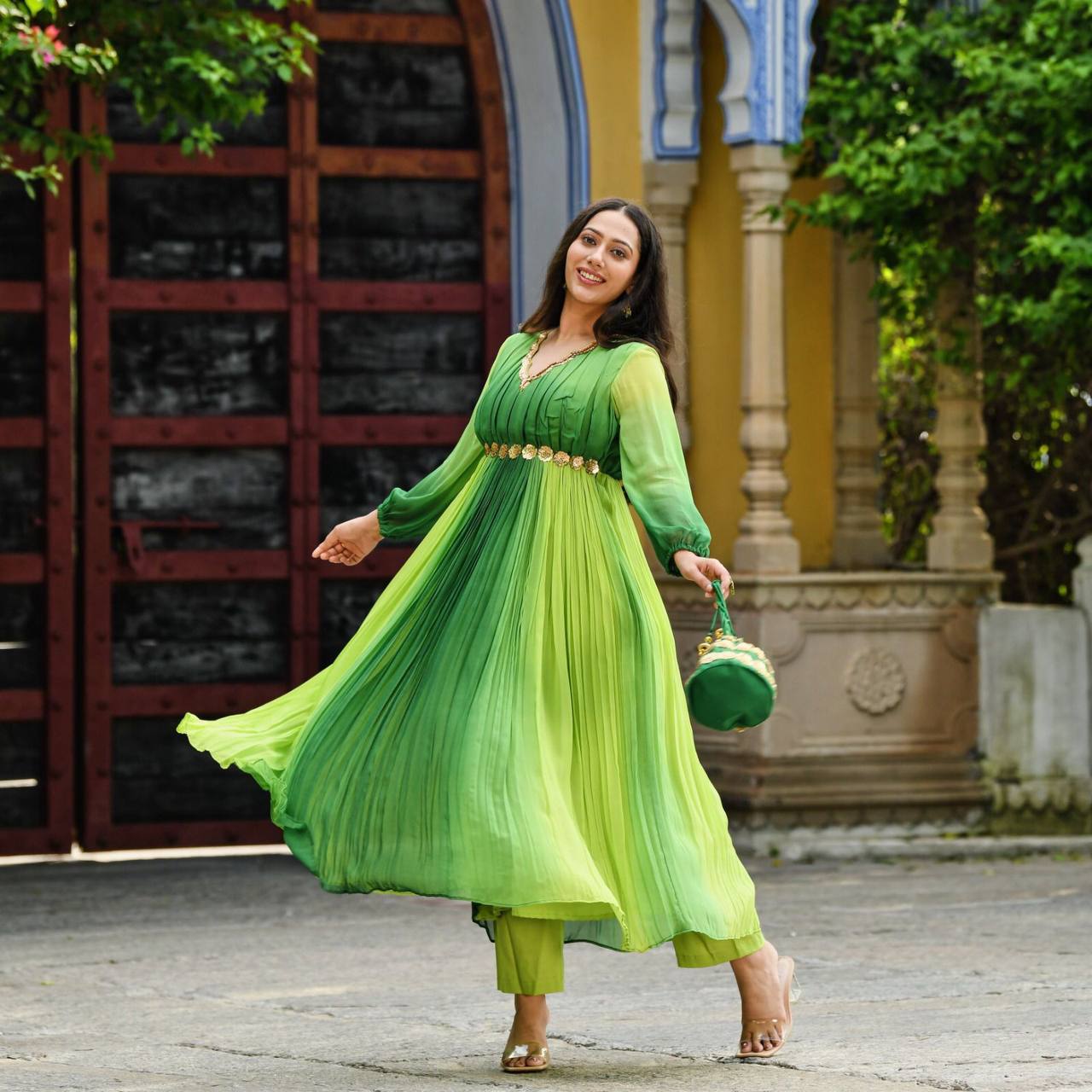 Parrot Green georgette gown readymade