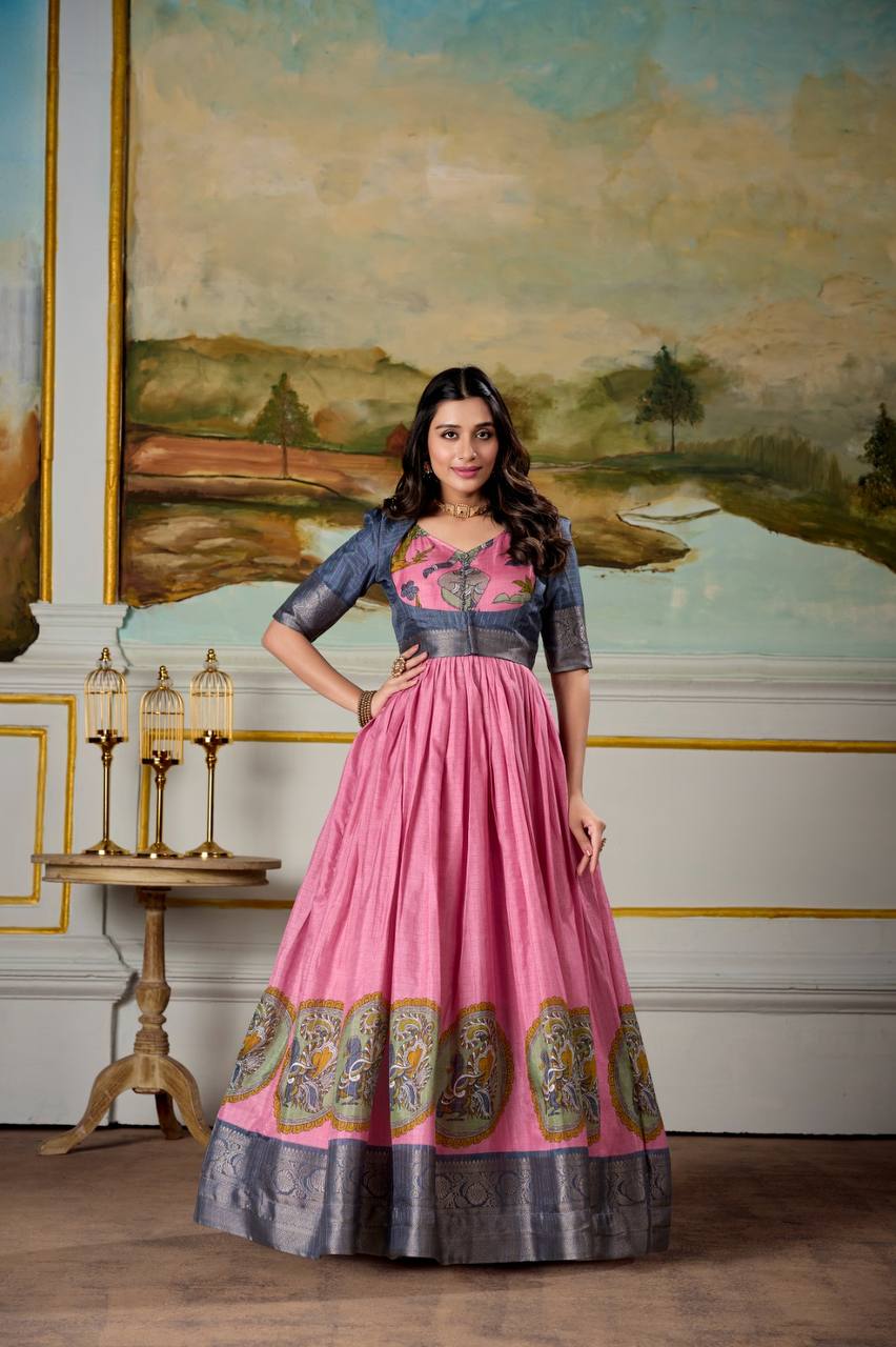 Beautiful Kalamkari Print Dola Silk Fully Stitched Gown