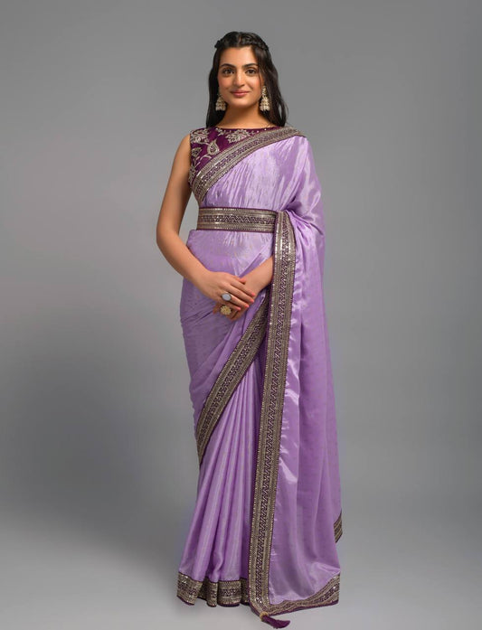 Premium Lavender Chinon Saree with fully stitched Blouse