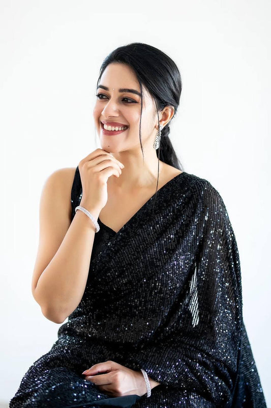 Black Fully Sequins Work Bollywood style Saree with Readymade Blouse