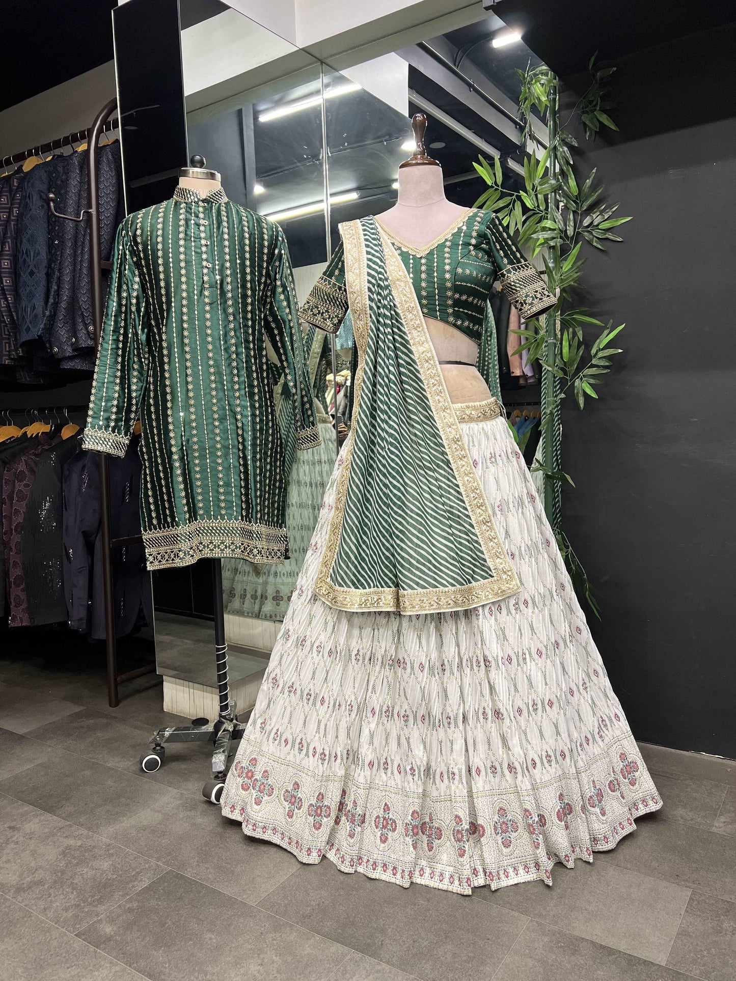 Margi - cream and green elegant fully stitched lehenga