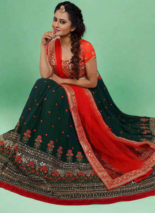 Green & Red Beautifully Embroidered Fully Stitched Lehenga