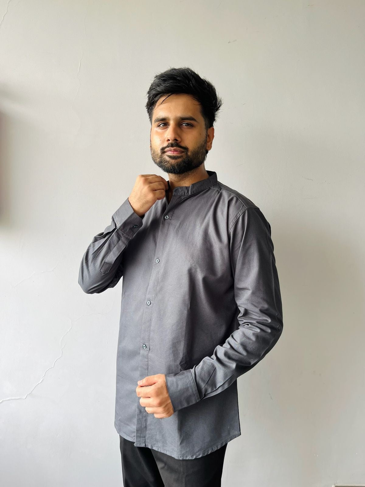 Mandarin Collar Men's Pure Cotton Plain Shirts for Formal Occasions