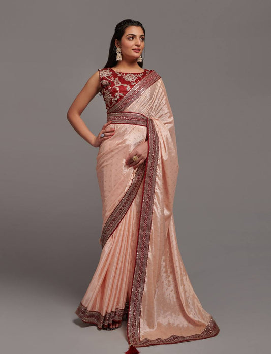 Premium Cream Chinon Saree with fully stitched Blouse