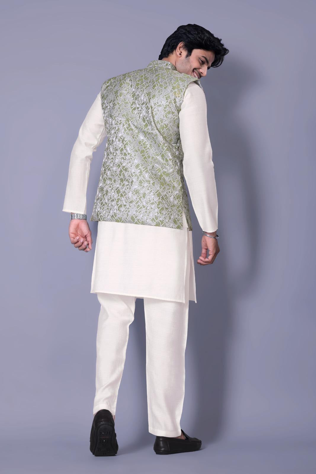 Traditional Indian Koti Kurta Set for Men - Mehendi Colour