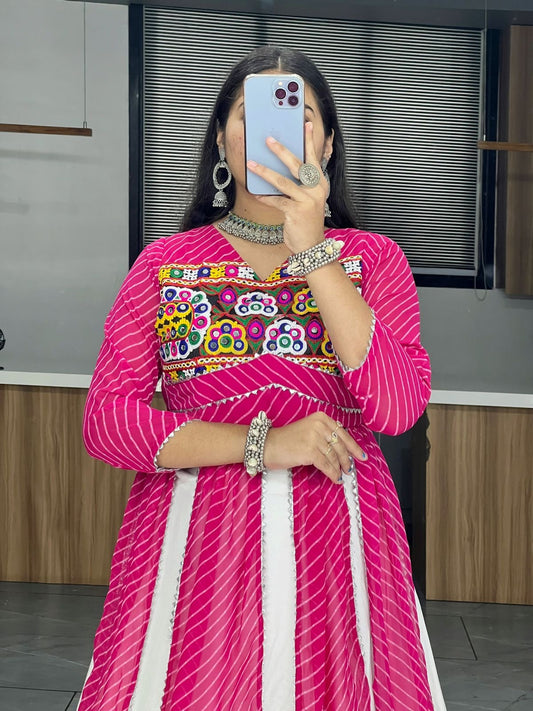 Pink Blue Navratri Special Indo Western Chaniya Choli Leheriya Print and Hand work