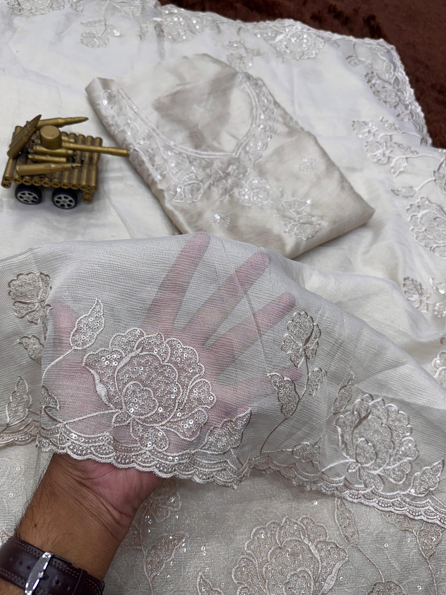 Pearl White soft Organza Silk Saree with Beautiful Silver Embroidery & Stitched Blouse Options