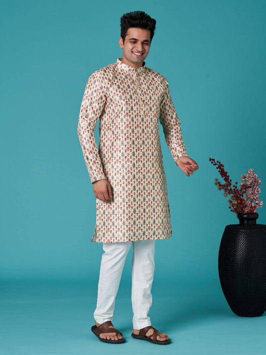 Royal Men's traditional indian sequins work with print cotton kurta with pajama