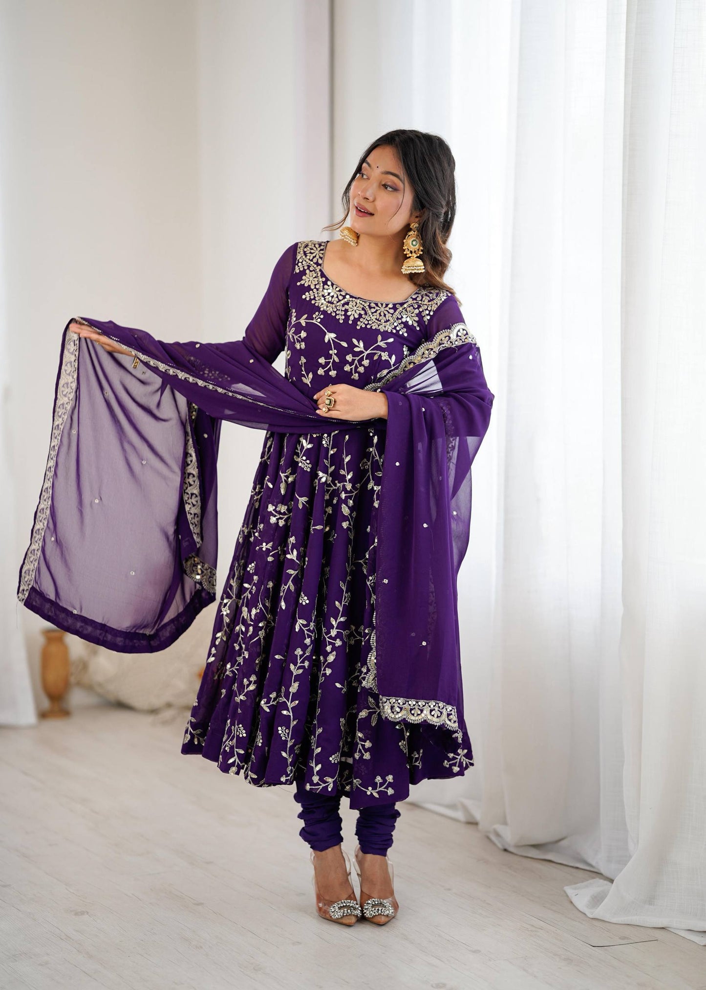 Preeva - Purple Soft Georgette with Full Embroidery Gown Fully Stitched