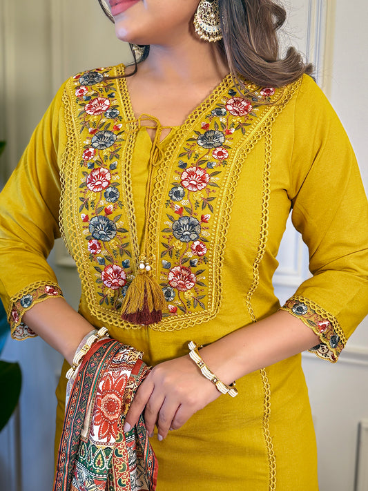Adaa by Kiara - Beautiful Mustard Silk Kurti Readymade Set