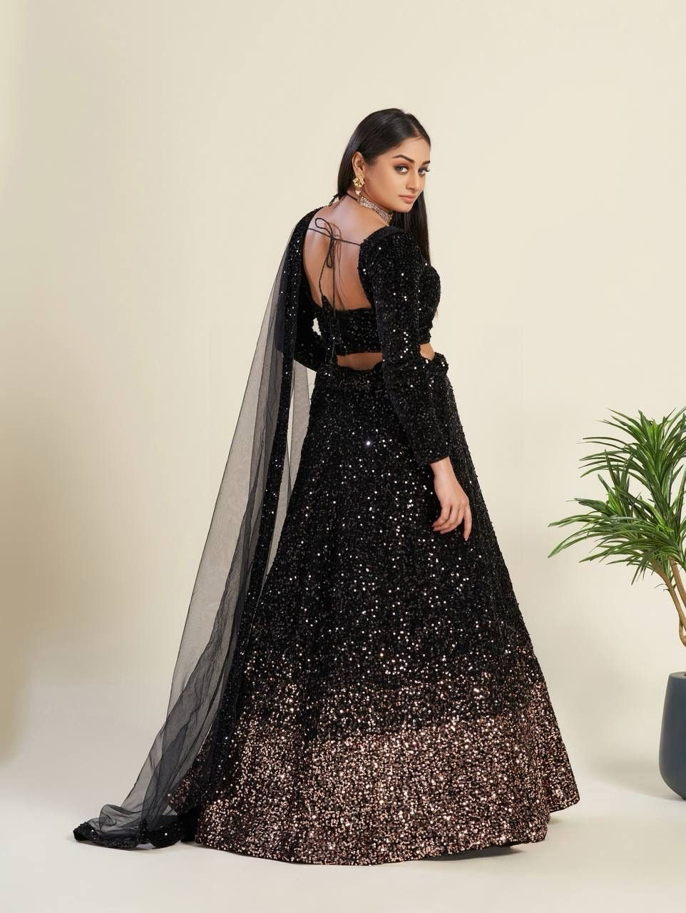 Bahaar - Black and Gold dual tone fully sequenced Lehenga fully stitched