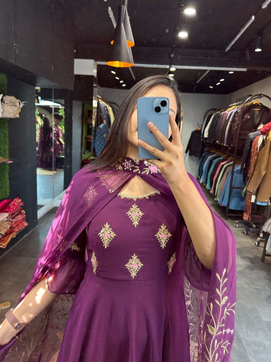 Beautiful wine colour gown with shrug fully stitched