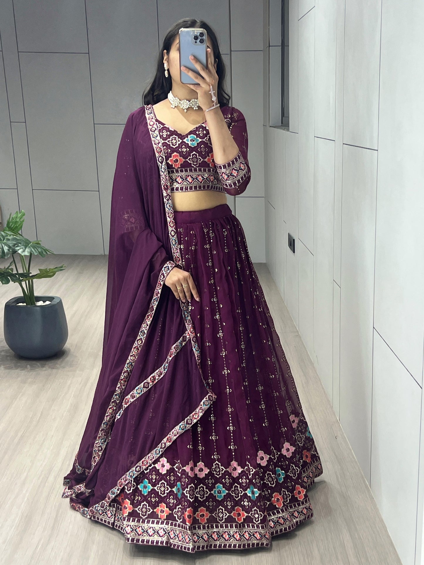Samyaka - Beautiful Georgette Wine Chaniya Choli Fully Stitched