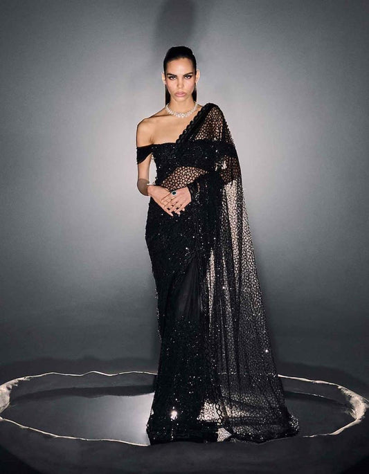 Full Black net saree with cheetah stype sequins with stitched blouse